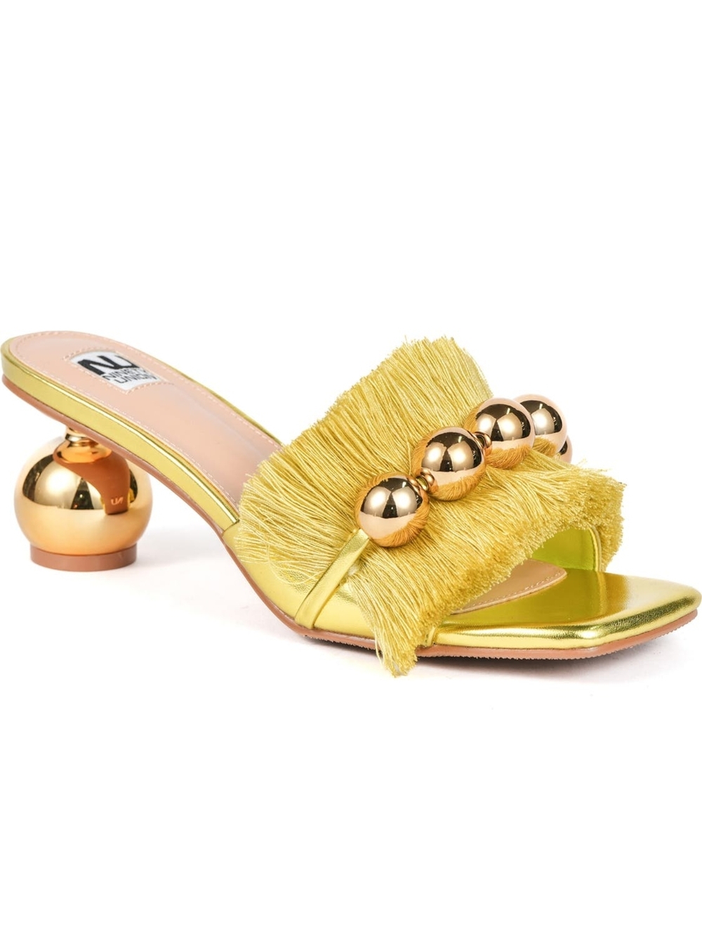 Sizes 4 To 14 Gold Fringe Slide Summer Sandal Mule Bead 2" Heels